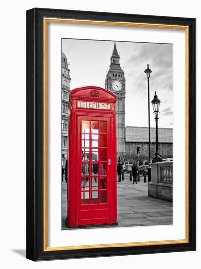 A Traditional Red Phone Booth In London With The Big Ben In A Black And White Background-Kamira-Framed Photographic Print