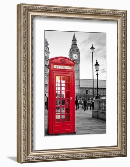 A Traditional Red Phone Booth In London With The Big Ben In A Black And White Background-Kamira-Framed Photographic Print