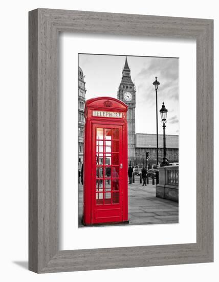 A Traditional Red Phone Booth In London With The Big Ben In A Black And White Background-Kamira-Framed Photographic Print