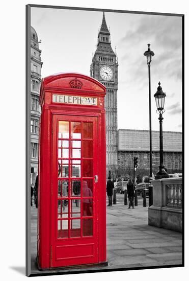 A Traditional Red Phone Booth In London With The Big Ben In A Black And White Background-Kamira-Mounted Photographic Print