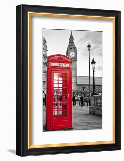 A Traditional Red Phone Booth In London With The Big Ben In A Black And White Background-Kamira-Framed Photographic Print