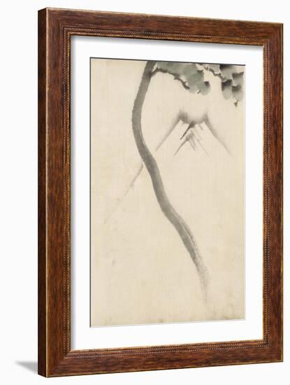 A Tree Trunk with Branch and Leaves in the Foreground, with View of Mount Fuji in the Background-null-Framed Giclee Print