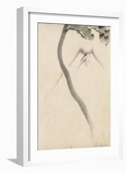 A Tree Trunk with Branch and Leaves in the Foreground, with View of Mount Fuji in the Background-null-Framed Giclee Print