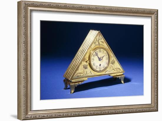 A Triangular Brass Table Clock with Engraved Floral Decoration-Dagobert Peche-Framed Giclee Print