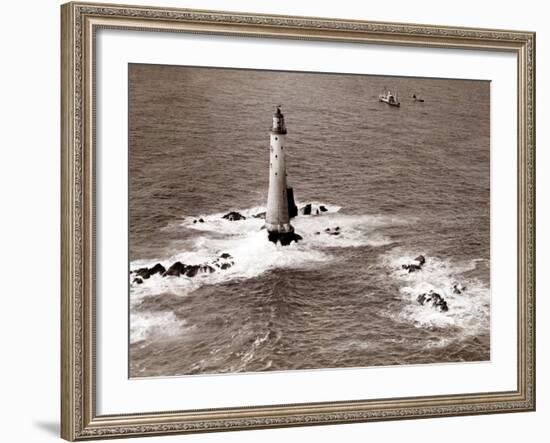 A Trinity House Steamer Waits off the Eddystone Lighthouse to Deliver Christmas Supplies, 1938-null-Framed Photographic Print