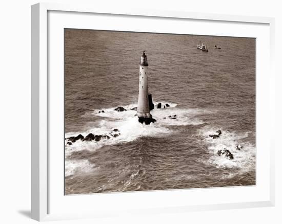 A Trinity House Steamer Waits off the Eddystone Lighthouse to Deliver Christmas Supplies, 1938-null-Framed Photographic Print