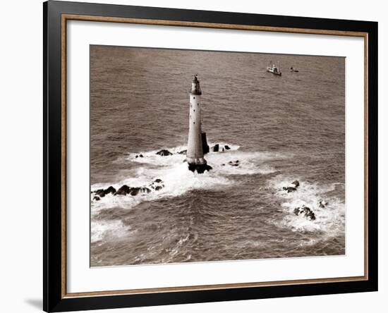 A Trinity House Steamer Waits off the Eddystone Lighthouse to Deliver Christmas Supplies, 1938-null-Framed Photographic Print