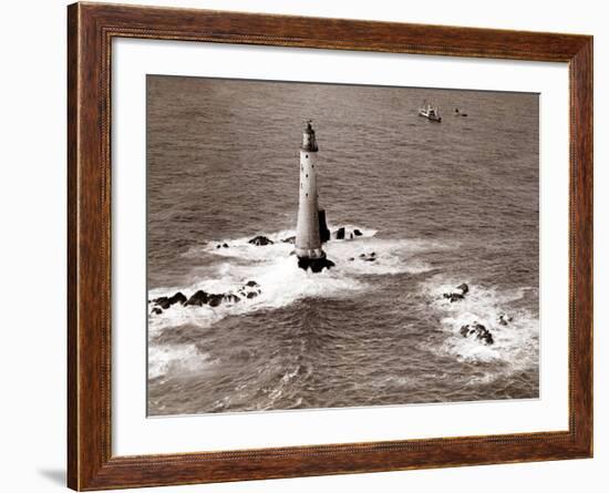 A Trinity House Steamer Waits off the Eddystone Lighthouse to Deliver Christmas Supplies, 1938-null-Framed Photographic Print