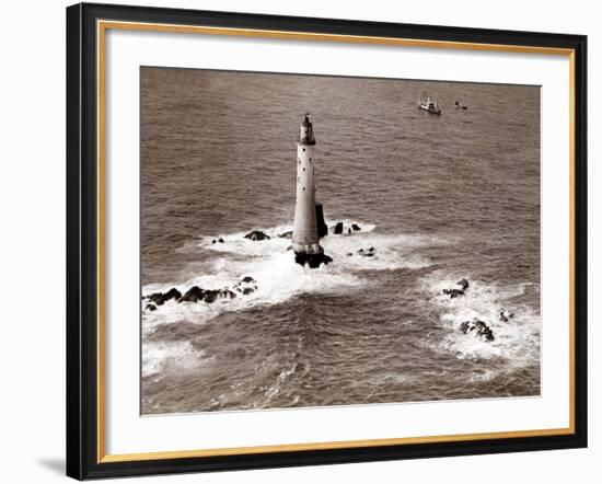 A Trinity House Steamer Waits off the Eddystone Lighthouse to Deliver Christmas Supplies, 1938-null-Framed Photographic Print