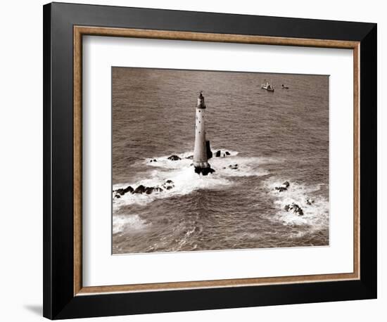 A Trinity House Steamer Waits off the Eddystone Lighthouse to Deliver Christmas Supplies, 1938-null-Framed Photographic Print