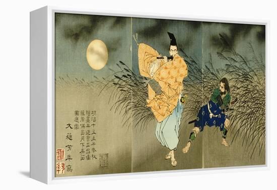 A Triptych of Fujiwara No Yasumasa Playing the Flute by Moonlight-Tsukioka Kinzaburo Yoshitoshi-Framed Premier Image Canvas