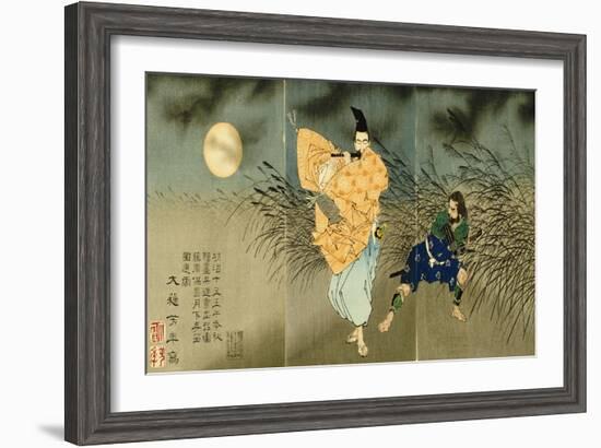 A Triptych of Fujiwara No Yasumasa Playing the Flute by Moonlight-Tsukioka Kinzaburo Yoshitoshi-Framed Giclee Print