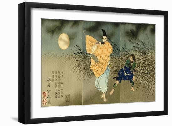 A Triptych of Fujiwara No Yasumasa Playing the Flute by Moonlight-Tsukioka Kinzaburo Yoshitoshi-Framed Giclee Print