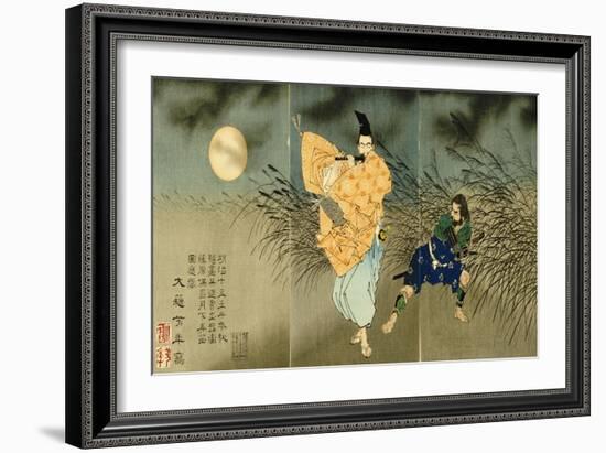 A Triptych of Fujiwara No Yasumasa Playing the Flute by Moonlight-Tsukioka Kinzaburo Yoshitoshi-Framed Giclee Print