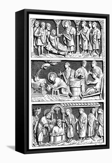 A Triptych of the Healing Work of St Remy, Bishop of Reims, 11th Century-null-Framed Premier Image Canvas