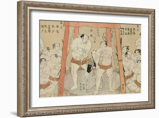 A Triptych Showing a Draw in the Bout Between Onogawa and Tanikaze woodblock print on paper-Katsukawa Shunei-Framed Giclee Print