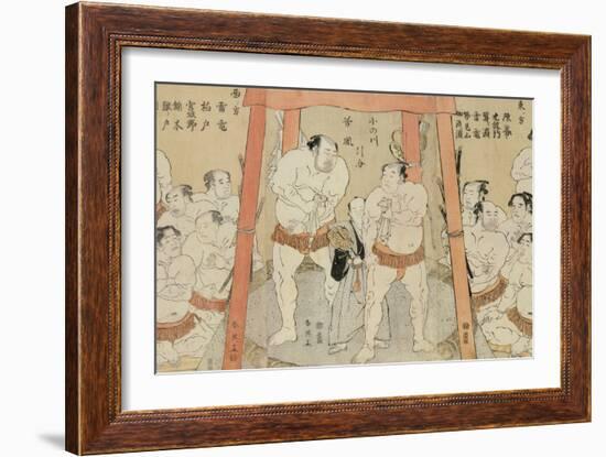 A Triptych Showing a Draw in the Bout Between Onogawa and Tanikaze woodblock print on paper-Katsukawa Shunei-Framed Giclee Print