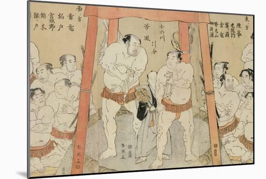 A Triptych Showing a Draw in the Bout Between Onogawa and Tanikaze woodblock print on paper-Katsukawa Shunei-Mounted Giclee Print
