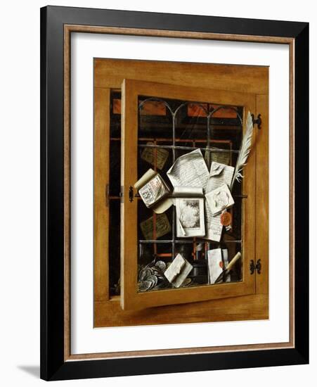 A Trompe l'oeil of an Open Glazed Cupboard Door, 1666-Cornelis Norbertus Gysbrechts-Framed Giclee Print