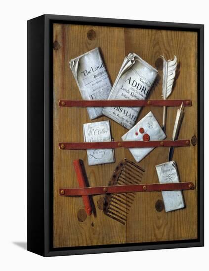 A Trompe L'Oeil of Newspapers, Letters and Writing Implements on a Wooden Board-Edward Collier-Framed Premier Image Canvas