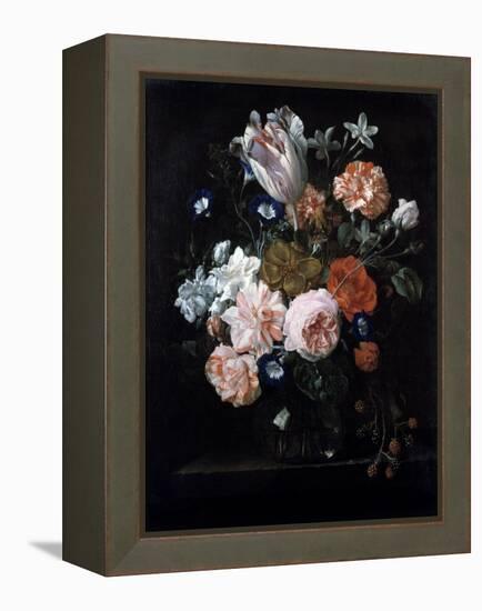A Tulip, Carnations, and Morning Glory in a Glass Vase, 17th Century-Nicolaes van Veerendael-Framed Premier Image Canvas