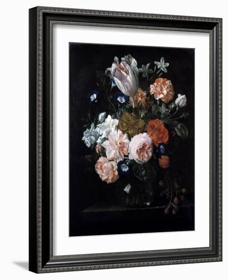 A Tulip, Carnations, and Morning Glory in a Glass Vase, 17th Century-Nicolaes van Veerendael-Framed Giclee Print