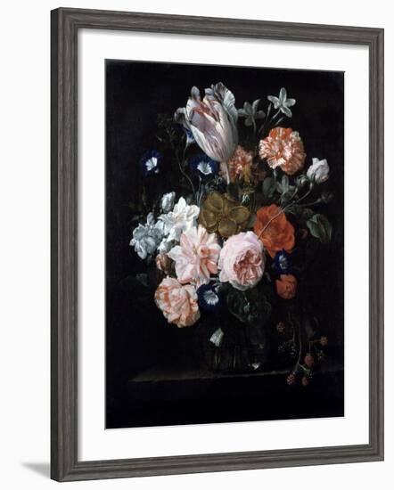 A Tulip, Carnations, and Morning Glory in a Glass Vase, 17th Century-Nicolaes van Veerendael-Framed Giclee Print
