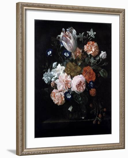 A Tulip, Carnations, and Morning Glory in a Glass Vase, 17th Century-Nicolaes van Veerendael-Framed Giclee Print