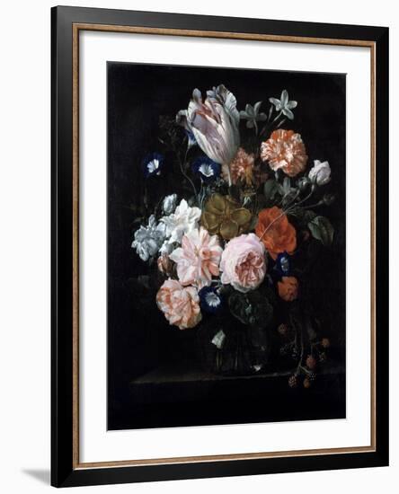 A Tulip, Carnations, and Morning Glory in a Glass Vase, 17th Century-Nicolaes van Veerendael-Framed Giclee Print