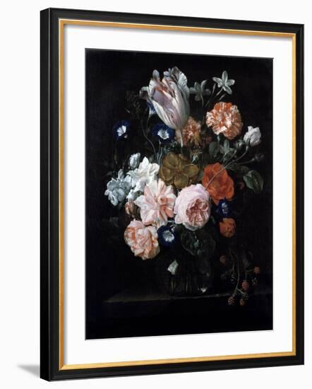 A Tulip, Carnations, and Morning Glory in a Glass Vase, 17th Century-Nicolaes van Veerendael-Framed Giclee Print