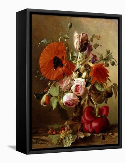 A Tulip, Roses, Poppies and other Flowers and a Beetle on a Ledge-Gronland Theude-Framed Premier Image Canvas