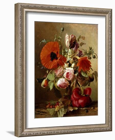 A Tulip, Roses, Poppies and other Flowers and a Beetle on a Ledge-Gronland Theude-Framed Giclee Print