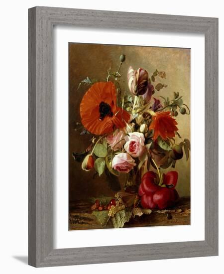 A Tulip, Roses, Poppies and other Flowers and a Beetle on a Ledge-Gronland Theude-Framed Giclee Print