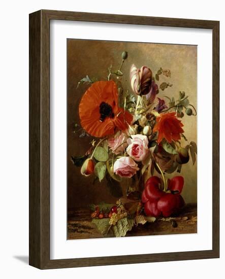 A Tulip, Roses, Poppies and other Flowers and a Beetle on a Ledge-Gronland Theude-Framed Giclee Print