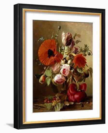 A Tulip, Roses, Poppies and other Flowers and a Beetle on a Ledge-Gronland Theude-Framed Giclee Print