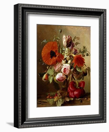 A Tulip, Roses, Poppies and other Flowers and a Beetle on a Ledge-Gronland Theude-Framed Giclee Print