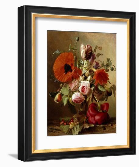 A Tulip, Roses, Poppies and other Flowers and a Beetle on a Ledge-Gronland Theude-Framed Giclee Print