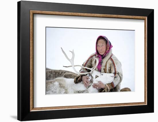 A Tundra Nenets Woman With Her -Akva- Pet Reindeer (Rangifer Tarandus), Yar-Sale District, Yamal-Eric Baccega-Framed Photographic Print