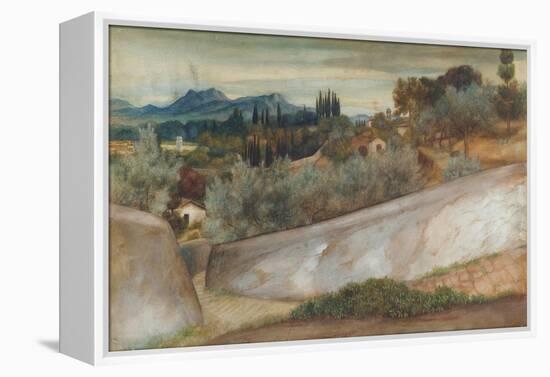 A Tuscan Landscape with Village and Olive Grove (Pencil, W/C and Bodycolour on Paper)-John Roddam Spencer Stanhope-Framed Premier Image Canvas