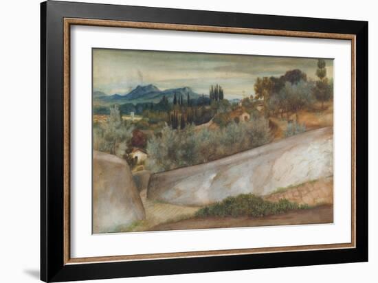 A Tuscan Landscape with Village and Olive Grove (Pencil, W/C and Bodycolour on Paper)-John Roddam Spencer Stanhope-Framed Giclee Print