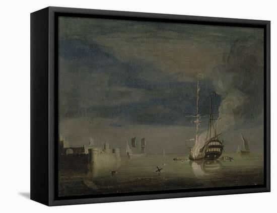 A Two-Decker on Fire at Night Off a Fort, C.1740-Charles Brooking-Framed Premier Image Canvas