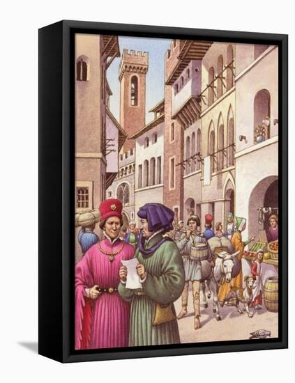 A Typical Street Scene in Florence in the Early 15th Century-Pat Nicolle-Framed Premier Image Canvas