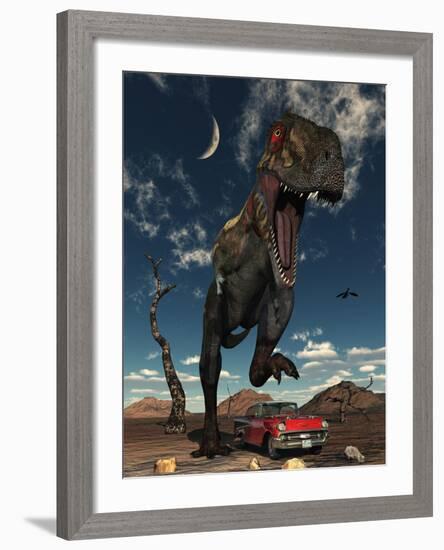 A Tyrannosaurus Rex About to Crush a Cadillac with His Feet-Stocktrek Images-Framed Photographic Print