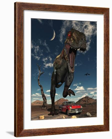 A Tyrannosaurus Rex About to Crush a Cadillac with His Feet-Stocktrek Images-Framed Photographic Print