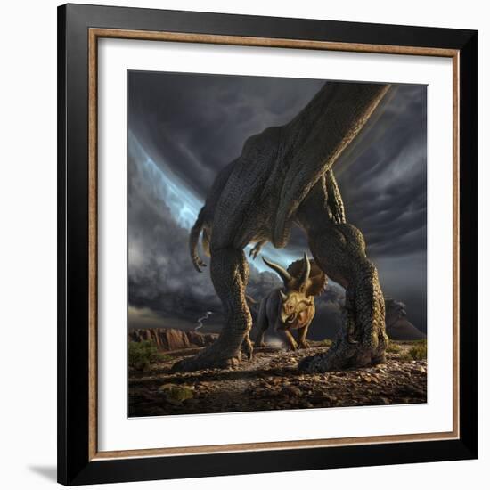 A Tyrannosaurus Rex and Triceratops in a Classic Face Off-null-Framed Art Print