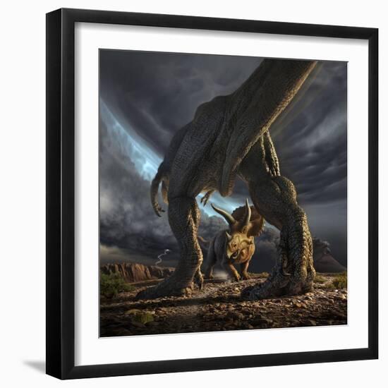 A Tyrannosaurus Rex and Triceratops in a Classic Face Off-null-Framed Art Print