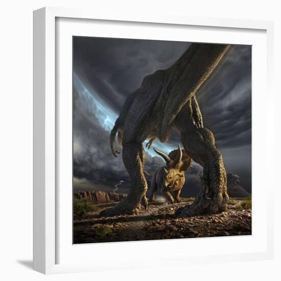 A Tyrannosaurus Rex and Triceratops in a Classic Face Off-null-Framed Art Print