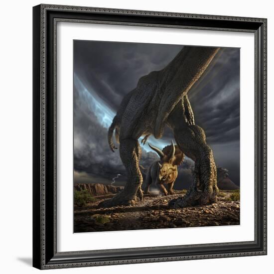 A Tyrannosaurus Rex and Triceratops in a Classic Face Off-null-Framed Art Print