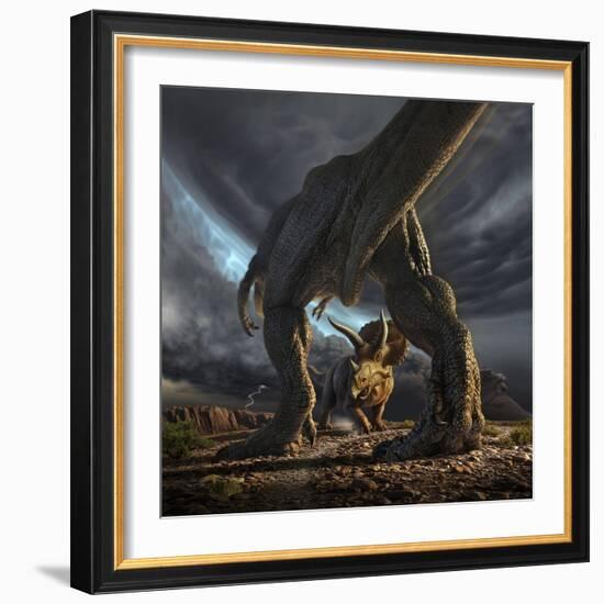 A Tyrannosaurus Rex and Triceratops in a Classic Face Off-null-Framed Art Print