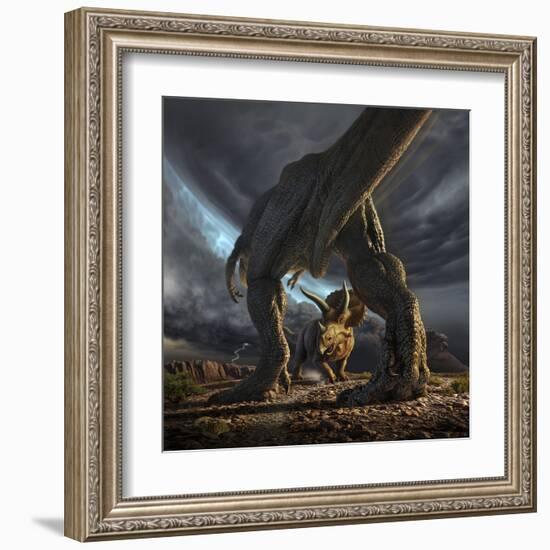 A Tyrannosaurus Rex and Triceratops in a Classic Face Off-null-Framed Art Print